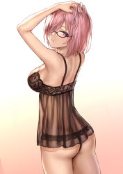 Rule 34 | 1girl, alternate costume, ass, babydoll, back, bare shoulders, black-framed eyewear, black panties, blush, breasts, commentary request, fate/grand order, fate (series), floral print, glasses, gradient background, hair over one eye, hands in hair, hands up, highres, large breasts, light purple hair, looking at viewer, looking back, mash kyrielight, mashuu (neko no oyashiro), panties, parted lips, purple eyes, short hair, solo, stenciled rose, thighs, underwear, underwear only
