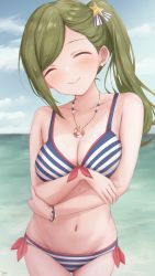 Rule 34 | 1girl, asymmetrical hair, bikini, blue sky, blush, bracelet, breasts, cleavage, closed eyes, cloud, collarbone, crossed arms, ear piercing, front-tie bikini top, front-tie top, gameso, green hair, groin, hair ornament, highres, idolmaster, idolmaster shiny colors, jewelry, long hair, medium breasts, multicolored clothes, multicolored swimsuit, nanakusa hazuki, navel, necklace, ocean, outdoors, piercing, ponytail, side-tie swimsuit, side ponytail, sidelocks, sky, smile, solo, star (symbol), star hair ornament, star necklace, striped bikini, striped clothes, swimsuit, water