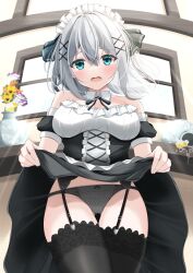 Rule 34 | 1girl, absurdres, arm cuffs, black panties, black thighhighs, blue eyes, blush, bow, bowtie, breasts, clothes lift, commentary request, cowboy shot, detached collar, dress, dress lift, embarrassed, flower, from below, garter belt, garter straps, hair ornament, hairclip, highres, kamesys, large breasts, light rays, lingerie, looking at viewer, maid, maid day, maid headdress, medium hair, open mouth, original, panties, plant, solo, spill, strapless, strapless dress, sunlight, tears, thighhighs, underwear, vase, white hair, window