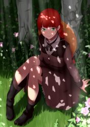 Rule 34 | 1girl, absurdres, animification, anne of green gables, anne shirley, arm support, bad id, bad pixiv id, blush, braid, dappled sunlight, dress, freckles, green eyes, hat, highres, long hair, looking at viewer, nippon animation, onsen nakaya, red hair, sitting, smile, solo, sunlight, tree shade, world masterpiece theater