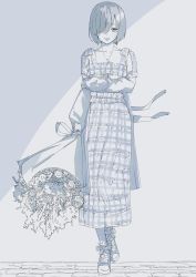 Rule 34 | 1girl, absurdres, alternate costume, bouquet, bow, brick, brick floor, collarbone, daydremec, dress, fate/grand order, fate (series), flower, frilled dress, frills, greyscale, hair over one eye, highres, holding, holding bouquet, holding own arm, jewelry, leaning, looking at viewer, mash kyrielight, monochrome, necklace, parted lips, plaid, plaid dress, shoes, short hair, sleeves past wrists, smile, sneakers, solo, standing