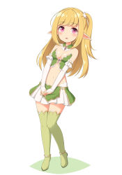 Rule 34 | 1girl, bare shoulders, blonde hair, boots, breasts, bridal gauntlets, cleavage, crop top, detached collar, elf, full body, gold trim, green footwear, hair ornament, long hair, looking at viewer, medium breasts, midriff, miniskirt, navel, one side up, original, parted lips, pink eyes, pleated skirt, pointy ears, sasaame, shadow, sidelocks, simple background, skirt, sleeveless, solo, standing, stomach, strapless, thigh boots, thighhighs, white background, white skirt, zettai ryouiki