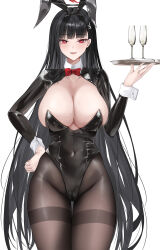 Rule 34 | 1girl, absurdres, alternate costume, animal ears, black hair, black halo, black leotard, blue archive, bow, bowtie, breasts, bright pupils, cleavage, cocktail glass, covered navel, cowboy shot, cup, detached collar, dlnk, drinking glass, facing viewer, fake animal ears, halo, hand on own hip, hand up, highleg, highleg leotard, highres, holding, holding tray, large breasts, leotard, long hair, pantyhose, playboy bunny, rabbit ears, red eyes, rio (blue archive), shrug (clothing), strapless, strapless leotard, traditional bowtie, tray, undersized breast cup, white background, white pupils, wrist cuffs