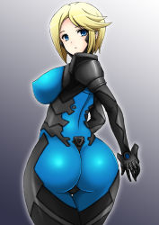 Rule 34 | 1girl, ass, backboob, blonde hair, blue eyes, bodysuit, breasts, covered erect nipples, from behind, highres, hip focus, huge ass, huge breasts, impossible clothes, large breasts, looking back, muv-luv, muv-luv alternative, muv-luv total eclipse, pilot suit, short hair, skin tight, solo, stella bremer, thick thighs, thigh gap, thighs, wakame, wide hips