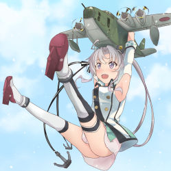 Rule 34 | 10s, 1girl, :d, ahoge, akitsushima (kancolle), anchor hair ornament, armpit cutout, armpits, arms up, clothing cutout, double-breasted, flying, green skirt, hair ornament, ido (teketeke), kantai collection, bridal garter, legs up, military, military uniform, nishikitaitei-chan, open mouth, pleated skirt, purple eyes, purple hair, side ponytail, skirt, smile, thighhighs, uniform