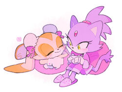 Rule 34 | 2girls, animal ears, aukives, bad id, bad tumblr id, blaze the cat, blush, cat ears, cat girl, cat tail, closed eyes, cream the rabbit, cup, forehead jewel, furry, furry female, gloves, holding, holding cup, multiple girls, pajamas, ponytail, purple fur, rabbit ears, rabbit girl, simple background, slippers, smile, sonic (series), tail, white background, white gloves, yellow eyes