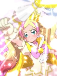 Rule 34 | 1girl, blonde hair, blush, bow, brooch, cape, closed mouth, cure flora, cure flora (grand princess), dress, earrings, flower, flower earrings, flower necklace, go! princess precure, green eyes, haruno haruka, holding, holding wand, jewelry, long hair, looking away, magical girl, multicolored hair, necklace, pink background, pink bow, pink hair, precure, puffy sleeves, smile, solo, sparkle, streaked hair, tj-type1, two-tone hair, upper body, wand, yellow cape, yellow dress