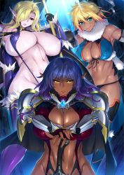 Rule 34 | 3girls, :p, absurdres, aoi nagisa (metalder), aqua eyes, armor, bikini armor, blonde hair, breasts, cape, cleavage, cleavage cutout, clothing cutout, covered erect nipples, dark-skinned female, dark skin, delva celebrian, elda ballad, elf, fur trim, gloves, gradient hair, hair over one eye, hand on hilt, highres, huge breasts, large breasts, long hair, looking at viewer, misery stentrem, multicolored hair, multiple girls, navel, parted lips, pointy ears, purple hair, red eyes, revealing clothes, short hair, slingshot swimsuit, smile, swimsuit, thighhighs, tongue, tongue out, yellow eyes, youkoso! sukebe elf no mori e