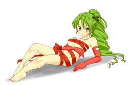 Rule 34 | 1girl, artist request, breasts, dryad, dryad (terraria), elbow gloves, full body, gloves, green eyes, green hair, hair ornament, holly, holly hair ornament, large breasts, long hair, looking at viewer, lying, monster girl, naked ribbon, plant girl, ponytail, red gloves, red ribbon, ribbon, solo, terraria