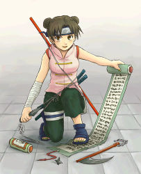Rule 34 | 1girl, :d, brown eyes, brown hair, double bun, female focus, forehead protector, full body, kunai, looking at viewer, lowres, naruto, naruto (series), open mouth, scroll, scythe, smile, solo, tenten (naruto), teramoto kei, throwing star, weapon