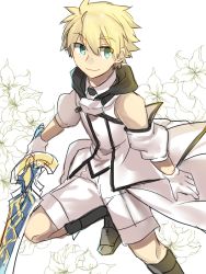 Rule 34 | 1boy, arthur pendragon (fate), blonde hair, blue eyes, boots, fate/prototype, fate (series), flower, gloves, hood, saber lily, short hair, shorts, smile, sword, weapon