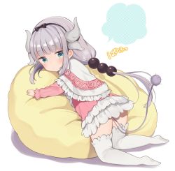 Rule 34 | 1girl, aqua eyes, beads, bean bag chair, black bow, blunt bangs, blush, bow, capelet, child, closed mouth, commentary, dragon girl, dragon horns, dress, frilled capelet, frills, full body, hair beads, hair ornament, hairband, highres, horns, kanna kamui, kneeling, kobayashi-san chi no maidragon, light purple hair, long hair, long sleeves, looking at viewer, no shoes, shigure ui, short dress, sidelocks, simple background, solo, tail, thighhighs, thighs, very long hair, white background, white thighhighs, zettai ryouiki