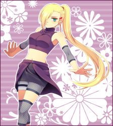 Rule 34 | 1girl, amaou, blonde hair, blue eyes, breasts, earrings, female focus, floral background, hair ornament, hair over one eye, hairclip, highres, jewelry, long hair, looking at viewer, midriff, naruto (series), naruto shippuuden, navel, ponytail, smile, solo, very long hair, yamanaka ino