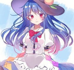 Rule 34 | 1girl, black headwear, blue background, blue hair, bow, bowtie, closed mouth, commentary, english commentary, food, fruit, highres, hinanawi tenshi, leaf, long hair, looking at viewer, moshihimechan, peach, red bow, red bowtie, red eyes, short sleeves, smile, solo, touhou, upper body