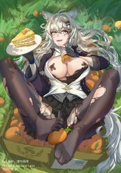 Rule 34 | 1girl, absurdres, ahoge, animal ears, areola slip, arknights, black coat, black gloves, black pasties, black shirt, black skirt, blue eyes, breasts, breasts out, cake, cake slice, coat, crate, cross pasties, fangs, fingerless gloves, food, fruit, gloves, grass, hair between eyes, hair ornament, hairclip, highres, holding, holding plate, lappland (arknights), lappland (refined horrormare) (arknights), large breasts, long sleeves, looking at viewer, lying, official alternate costume, on back, open clothes, open coat, open mouth, orange (fruit), outdoors, pantyhose, pasties, plate, qiyedefeishazhanji, shirt, skirt, solo, spread legs, tail, torn clothes, torn pantyhose, torn shirt, white hair, wolf ears, wolf girl, wolf tail