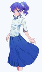 Rule 34 | 1girl, aikatsu!, aikatsu! (series), blue eyes, blue hair, blue skirt, blush, chinese clothes, closed mouth, cropped legs, feet out of frame, hair ornament, hair scrunchie, highres, kiriya aoi, long hair, long skirt, looking at viewer, scrunchie, side ponytail, simple background, skirt, smile, solo, standing, white background, yamamura saki