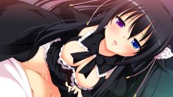 Rule 34 | 1boy, 1girl, black hair, black thighhighs, blue eyes, blush, breasts, breasts out, censored, clothed sex, clothes lift, dress, dress lift, game cg, gensou no idea: oratorio phantasm historia, girl on top, hair ornament, hetero, heterochromia, highres, long hair, looking at viewer, moaning, nipples, no bra, no panties, open mouth, outstretched arm, pov, puffy sleeves, purple eyes, sex, shinomori rinon, skindentation, straddling, tears, thighhighs, twintails, vaginal