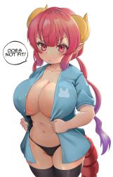 Rule 34 | 1girl, absurdres, alterlesott, black panties, black thighhighs, blue skirt, breasts, cleavage, closed mouth, collarbone, covered erect nipples, curvy, dragon girl, dragon horns, dragon tail, dressing, gradient hair, hair between eyes, highres, horns, huge breasts, ilulu (maidragon), kobayashi-san chi no maidragon, long hair, looking at viewer, multicolored hair, navel, open clothes, open shirt, panties, pointy ears, purple hair, red eyes, red hair, shortstack, skindentation, skirt, slit pupils, solo, speech bubble, sweat, tail, thick thighs, thighhighs, thighs, twintails, two-tone hair, underwear