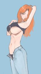 1girl arm_behind_head artist_request black_bra black_panties bleach bra denim female_focus highres jeans long_hair matsumoto_rangiku mole mole_under_mouth orange_hair panties pants simple_background standing underwear