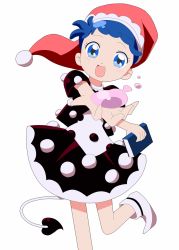 Rule 34 | 1girl, black dress, blob, blue eyes, blue hair, book, bwell, doremy sweet, dress, hat, matching hair/eyes, multicolored clothes, multicolored dress, name connection, nightcap, ojamajo doremi, parody, pom pom (clothes), solo, standing, standing on one leg, style parody, tail, tapir tail, touhou, white dress