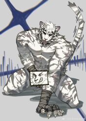 Rule 34 | 1boy, abs, absurdres, animal ears, arknights, bara, censored, character censor, facial hair, full body, furry, furry male, goatee, hand on floor, highres, kneeling, large hands, large pectorals, male focus, male masturbation, male pubic hair, masturbation, mountain (arknights), muscular, muscular male, nipples, novelty censor, pectorals, pubic hair, saliva, scar, scar across eye, scar on arm, short hair, solo, stomach, tail raised, thick eyebrows, tiger boy, tiger ears, tongue, tongue out, white hair, yingou li de wenyi zhi yuan