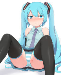 Rule 34 | 1girl, abmayo, aqua eyes, aqua hair, bare shoulders, black skirt, black thighhighs, blue necktie, blush, breasts, closed mouth, collared shirt, commentary request, detached sleeves, embarrassed, feet out of frame, hair between eyes, hair ornament, hatsune miku, knees up, long hair, looking at viewer, miniskirt, necktie, nose blush, panties, pleated skirt, shirt, simple background, sitting, skirt, sleeveless, sleeveless shirt, small breasts, solo, spread legs, striped clothes, striped panties, tearing up, thighhighs, thighs, twintails, underwear, very long hair, vocaloid, white background, wing collar