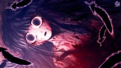 Rule 34 | 1girl, blood, blood on face, bloody tears, commentary, death, derivative work, dutch angle, empty eyes, feathers, furude rika, guro, highres, higurashi no naku koro ni, nude, open mouth, purple eyes, purple hair, signature, solo, the golden smurf, upper body