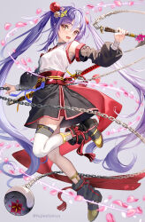 Rule 34 | 1girl, :d, bare shoulders, black footwear, black skirt, black sleeves, boots, breasts, brown eyes, chain, commentary request, detached sleeves, flower, fujima takuya, full body, grey background, hair between eyes, hair flower, hair ornament, highres, holding, holding weapon, katana, long hair, long sleeves, ninja, open mouth, original, petals, pink flower, puffy long sleeves, puffy sleeves, purple hair, sheath, sheathed, shuriken hair ornament, simple background, single thighhigh, skirt, small breasts, smile, solo, sword, thighhighs, thighhighs under boots, twintails, twitter username, very long hair, weapon, weapon request, white flower, white thighhighs