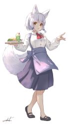 Rule 34 | 1girl, animal ear fluff, animal ears, ascot, black footwear, blue bow, blue skirt, blush, bow, breasts, brown eyes, cherry, collared shirt, commentary request, dress shirt, food, fox ears, fox girl, fox shadow puppet, fox tail, fruit, full body, hair bow, highres, holding, holding tray, long sleeves, looking at viewer, machikado mazoku, medium breasts, parted lips, pleated skirt, puffy long sleeves, puffy sleeves, red ascot, riko (machikado mazoku), shirt, shoes, short eyebrows, short hair, signature, simple background, skirt, solo, standing, suspender skirt, suspenders, tail, thick eyebrows, tray, umiroku, uniform, waitress, white background, white hair, white shirt