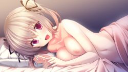 Rule 34 | 11gatsu no arcadia, 1girl, bed, blonde hair, blush, breast press, breasts, female focus, game cg, happy, hayakawa harui, large breasts, looking at viewer, lying, navel, nipples, nonomiya fuuka, nude, on side, open mouth, pillow, pink eyes, smile, solo, twintails, under covers