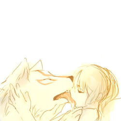 Rule 34 | amaterasu (ookami), bestiality, closed eyes, kiss, licking, lowres, ookami (game), ponytail, saliva, tongue, waka (ookami), wolf