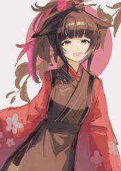 Rule 34 | 1girl, :d, animal ears, arknights, black kimono, brown hair, commentary request, green eyes, grey background, hair ornament, hemorina, highres, japanese clothes, jessica (arknights), kimono, long hair, looking at viewer, one-hour drawing challenge, open clothes, open mouth, pink background, ponytail, smile, solo, two-tone background