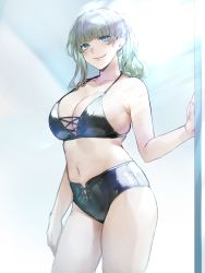 Rule 34 | 1girl, arm at side, bikini, black bikini, blunt bangs, breasts, cleavage, closed mouth, collarbone, cross-laced bikini, cross-laced clothes, funyo (masa), highres, large breasts, legs apart, looking at viewer, medium hair, navel, original, smile, solo, stomach, swimsuit, twintails