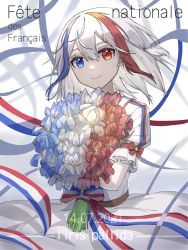 Rule 34 | 1girl, blue eyes, blue hair, bouquet, bow, closed mouth, commentary request, dated, dress, dress bow, flower, france, french flag, french text, hair ornament, hairclip, heterochromia, highres, holding, holding bouquet, holding flower, looking at viewer, medium hair, multicolored hair, original, personification, phonetik, red eyes, red hair, silver hair, simple background, smile, solo, upper body, white dress