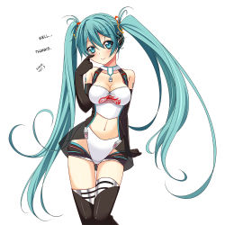 Rule 34 | 1girl, aqua eyes, aqua hair, asakura ryou (artist), bare shoulders, black thighhighs, boots, breasts, cleavage, elbow gloves, gloves, goodsmile company, hair ribbon, hard-translated, hatsune miku, headphones, long hair, looking at viewer, navel, race queen, ribbon, simple background, smile, solo, tears, thigh boots, thigh gap, thighhighs, thighs, third-party edit, translated, twintails, very long hair, vocaloid