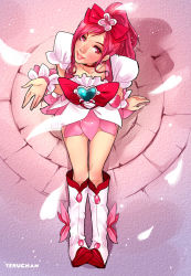 Rule 34 | 10s, 1girl, boots, bow, brooch, choker, cure blossom, earrings, eyelashes, from above, hair bow, hair ornament, hanasaki tsubomi, heart, heart brooch, heartcatch precure!, jewelry, knee boots, lips, magical girl, nose, petals, pink bow, pink hair, ponytail, precure, solo, teruchan
