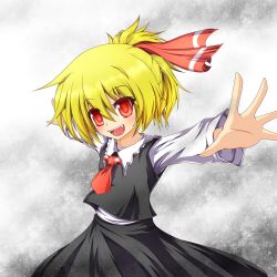 Rule 34 | 1girl, alternate hairstyle, ascot, blonde hair, desukingu, fangs, g (genesis1556), hair ribbon, highres, long sleeves, open mouth, outstretched arms, ponytail, red eyes, ribbon, rumia, shirt, skirt, skirt set, smile, solo, touhou, vest