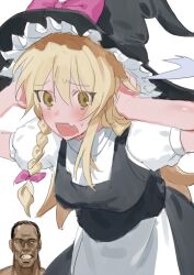 Rule 34 | 1boy, 1girl, apron, black hat, black vest, blonde hair, bow, braid, commentary request, cookie (touhou), cowboy shot, fang, frilled hat, frills, hair between eyes, hair bow, hat, hat bow, kebabu 01, kirisame marisa, leaning forward, long bangs, long hair, looking at viewer, open mouth, pink bow, puffy short sleeves, puffy sleeves, recitation (cookie), shirt, short sleeves, side braid, simple background, single braid, skirt, skirt set, solo focus, touhou, uzuki (cookie), vest, waist apron, white apron, white background, white shirt, witch hat, yellow eyes