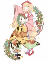 Rule 34 | 2girls, :o, ;d, absurdres, apron, arm up, black footwear, blonde hair, bloomers, blush, drill hair, floral print, flower, food, fruit, full body, green hair, hair ribbon, hat, highres, hinaichigo, japanese clothes, kakami (pixiv7616827), kanaria, kimono, lolita fashion, long sleeves, looking at another, looking back, medium hair, multiple girls, musical note, one eye closed, open mouth, pantyhose, pink kimono, red footwear, red ribbon, ribbon, rose print, round teeth, rozen maiden, shoes, simple background, sitting, smile, socks, standing, strawberry, strawberry blossoms, teeth, twin drills, underwear, v, violin print, wa lolita, white background, wide sleeves, yellow kimono