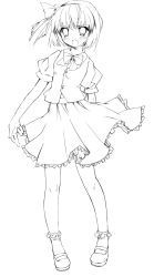 Rule 34 | 1girl, blunt bangs, blush, bow, female focus, full body, greyscale, hair bow, hairband, konpaku youmu, looking at viewer, mary janes, monochrome, open mouth, ribbon, shoes, short hair, side ponytail, simple background, skirt, solo, standing, touhou, white background, yu yu