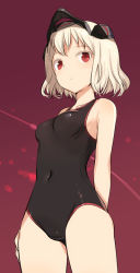 Rule 34 | 1girl, black one-piece swimsuit, blonde hair, closed mouth, commentary request, covered navel, darius (series), darius burst, headgear, looking down, one-piece swimsuit, red background, red eyes, shimada fumikane, solo, standing, swimsuit, ti2