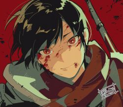 Rule 34 | 1boy, black hair, blood, blood on face, bruise, bruise on face, closed mouth, dated, debris, dirty, dirty face, eromkk, floating hair, fumetsu no anata e, highres, injury, kahaku (fumetsu no anata e), looking at viewer, male focus, orange eyes, pole, portrait, red background, short hair, simple background, smile, solo, twitter username