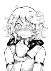 Rule 34 | 1girl, aygoftenover, bare shoulders, blush, bracelet, gloves, greyscale, hair between eyes, hand up, highres, hooded leotard, jewelry, messy hair, monochrome, short hair, shy (character), shy (series), solo, sweat, tears
