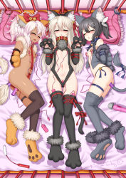 Rule 34 | 3girls, absurdres, anal, anal object insertion, anal tail, animal ear fluff, animal ears, animal hands, arms behind back, ass, bell, black hair, black legwear, blonde hair, blush, bow, breasts, butt plug, cat ears, cat paws, chain, chloe von einzbern, closed eyes, collar, commentary request, dangeroes beast (chloe), dangeroes beast (illya), dangeroes beast (miyu), fake animal ears, fake tail, fate/kaleid liner prisma illya, fate (series), full body, fur trim, grey legwear, hair between eyes, hair bow, hair ornament, hairclip, highres, huoji (wonderturkey), illyasviel von einzbern, long hair, looking at viewer, lying, medium hair, miyu edelfelt, multiple girls, navel, neglect play, nipple stimulation, object insertion, official alternate costume, on back, on side, open mouth, pillow, purple collar, red bow, red collar, red eyes, restrained, sex toy, small breasts, tail, thighhighs, vibrator, vibrator on nipple, white hair