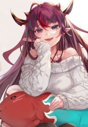 Rule 34 | alternate costume, bare shoulders, demon horns, hand on own face, heterochromia, highres, hololive, hololive english, horns, irys (hololive), looking at viewer, mr. squeaks (hakos baelz), open mouth, pointy ears, pondel, red hair, smile, solo, sweater, tongue, virtual youtuber, white sweater
