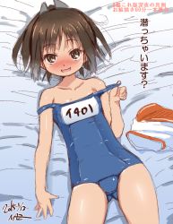 Rule 34 | 10s, 1girl, 2015, bare shoulders, blush, brown eyes, brown hair, dated, gluteal fold, i-401 (kancolle), kantai collection, looking at viewer, naz (garyuuya), one-piece swimsuit, ponytail, school swimsuit, short hair, sketch, smile, solo, swimsuit, translation request