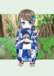Rule 34 | 1girl, alternate hairstyle, aqua eyes, aqua flower, artist name, artist request, barefoot, barefoot sandals (jewelry), blue eyes, blue flower, blue kimono, blue sky, blush, bow, breasts, brown hair, checkered clothes, checkered kimono, cloud, collarbone, day, feet, female focus, floral print, flower, flower print, full body, grey hair, hair between eyes, hair flower, hair ornament, hand fan, highres, holding, holding fan, japanese clothes, kimono, light brown hair, looking at viewer, love live!, love live! school idol festival, love live! sunshine!!, obi, outdoors, paper fan, parted lips, sash, short hair, short twintails, sitting, sky, smile, solo, tree, twintails, uchiwa, watanabe you, white bow, yokozuwari, yukata