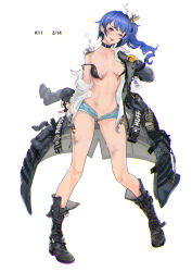 Rule 34 | 1girl, absurdres, areola slip, bandaid, bandaid on knee, bandaid on leg, bikini, black bikini, black gloves, blue hair, blue shorts, blush, boots, breasts, character name, clothes pin, coat, cross-laced footwear, damaged, fingerless gloves, fire, full body, girls&#039; frontline, gloves, highres, id card, jacket, k11 (girls&#039; frontline), lace-up boots, leather choker, long coat, long hair, medium breasts, messy hair, no panties, one eye closed, open clothes, open coat, open shirt, open shorts, pouch, red eyes, scorch mark, shirt, short shorts, shorts, side ponytail, smile, smoke, sweat, swimsuit, tongue, tongue out, torn bikini, torn clothes, two-tone gloves, white background, white shirt, yan jhia, yellow gloves