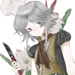 Rule 34 | 1other, androgynous, black ribbon, book of the cafe, chinese commentary, closed mouth, commentary request, flower, gas wf, green trim, grey eyes, grey hair, highres, holding, holding knife, houlen yabusame, houlen yabusame (chef form), knife, len&#039;en, len'en, neck ribbon, other focus, puffy short sleeves, puffy sleeves, ribbon, short hair with long locks, short sleeves, simple background, smile, solo, upper body, white background, white flower
