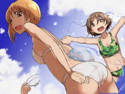 Rule 34 | 10s, 2girls, adjusting clothes, adjusting swimsuit, akiyama yukari, ass, ball, beachball, bikini, breasts, camouflage, camouflage bikini, cloud, cloudy sky, cup, daitoutei, day, dutch angle, girls und panzer, green bikini, holding, looking at viewer, looking back, looking down, medium breasts, multiple girls, nishizumi miho, open mouth, out of frame, sky, smile, splashing, standing, swimsuit, teacup, wading, wet, wet clothes, wet hair, wet swimsuit, white bikini